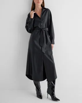 Faux Leather Boyfriend Midi Portofino Shirt Dress in Pitch Black