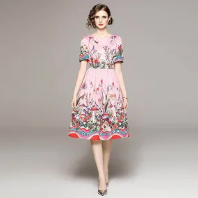 Floral-Patterned Short Sleeve Dress with Lining for a Youthful Look