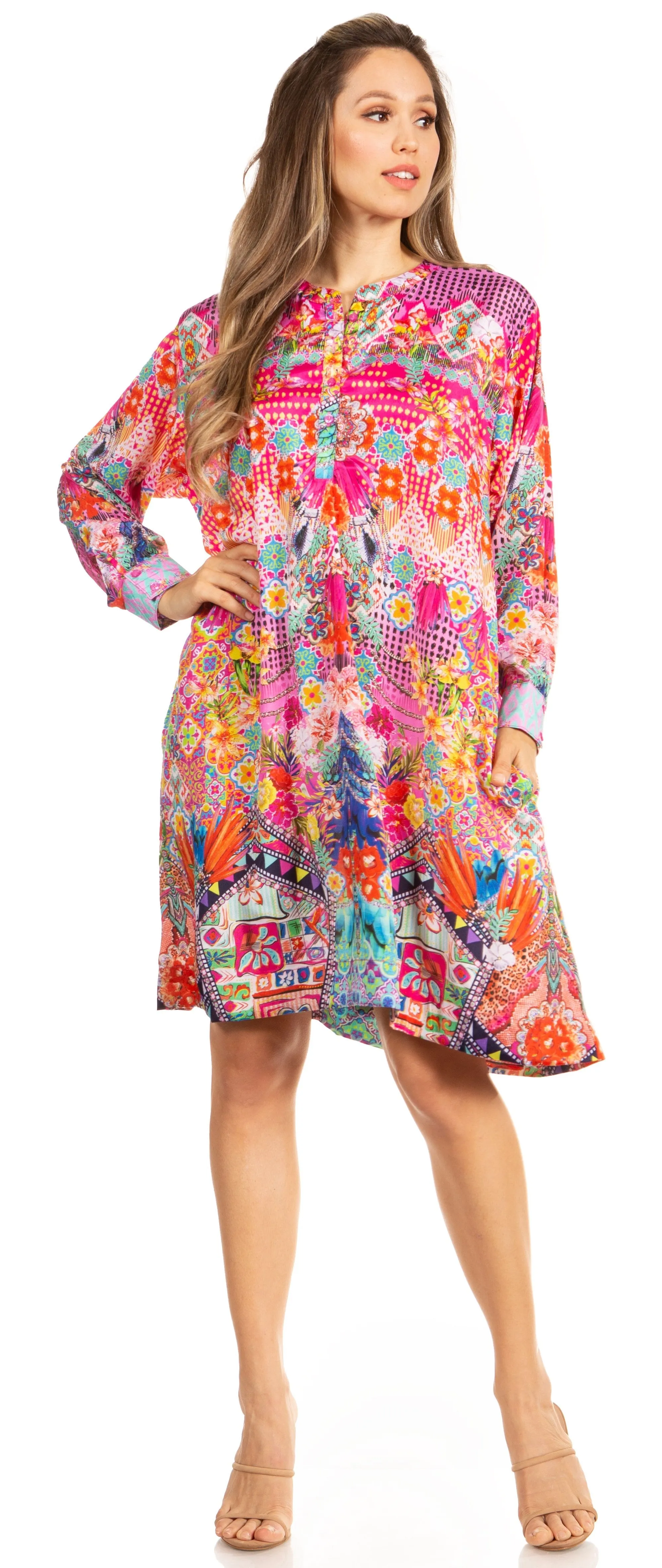 Floral Print Women's Long Sleeve Tunic Dress with Pockets - Sakkas Eloisa