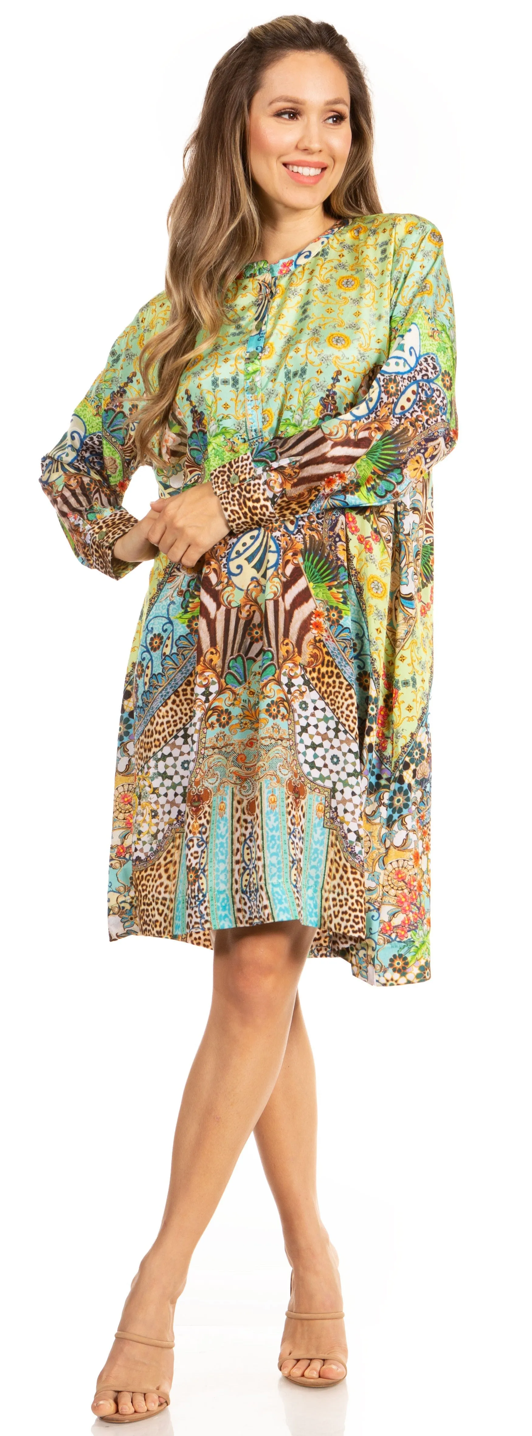 Floral Print Women's Long Sleeve Tunic Dress with Pockets - Sakkas Eloisa