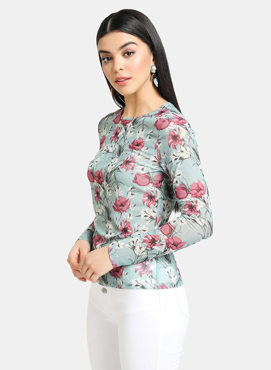 Floral Stretch Mesh Bodycon Top With Full Sleeves