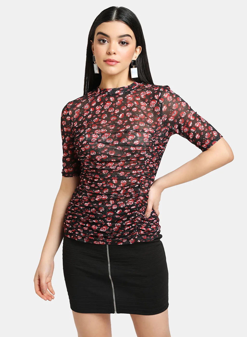 Floral Top With Ruching Detail