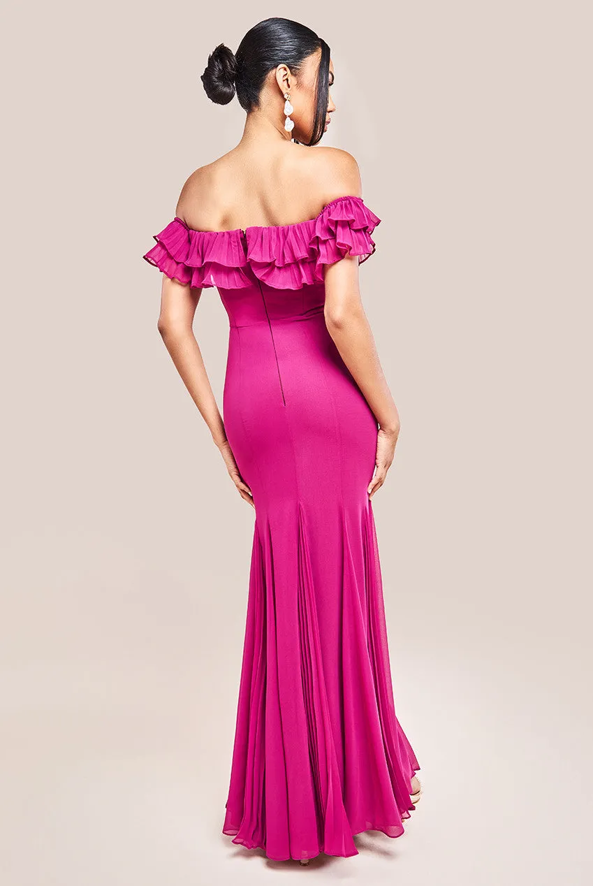 Goddiva Frilled Off The Shoulder Pleated Chiffon Maxi Dress - Magenta