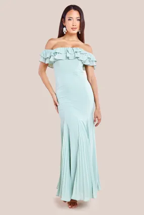 Goddiva Frilled Off The Shoulder Pleated Chiffon Maxi Dress - Sage Green