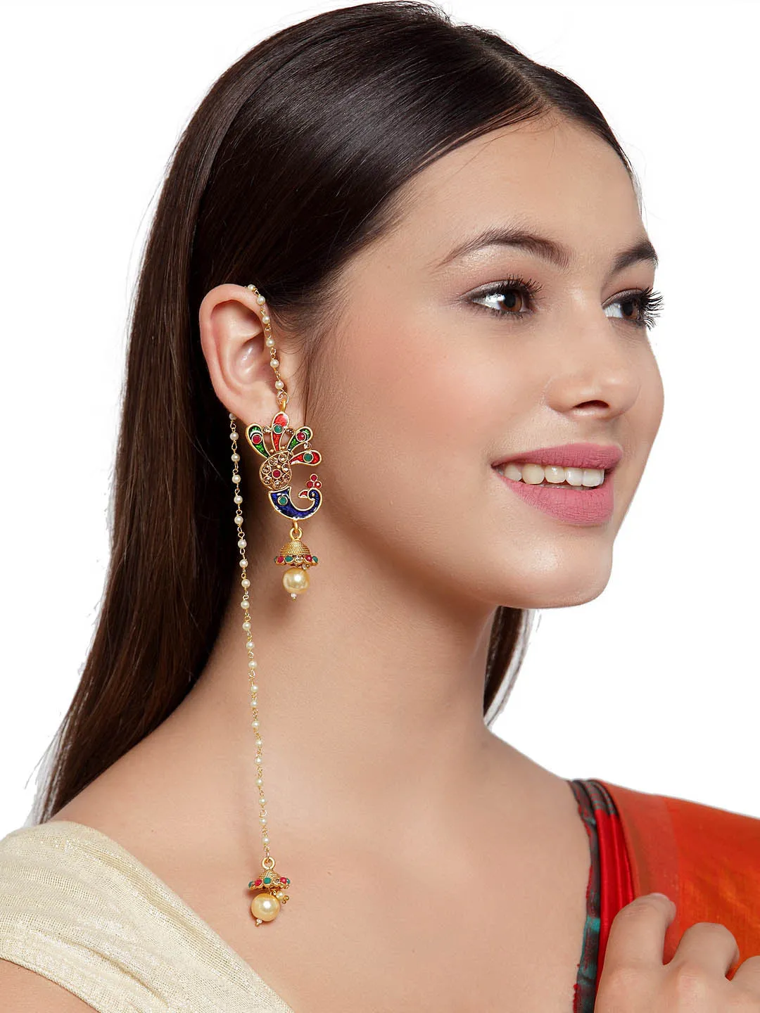 Gold-Plated & Off-White Meenakari Peacock Shaped Drop Earrings