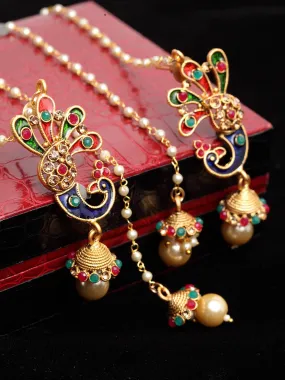 Gold-Plated & Off-White Meenakari Peacock Shaped Drop Earrings