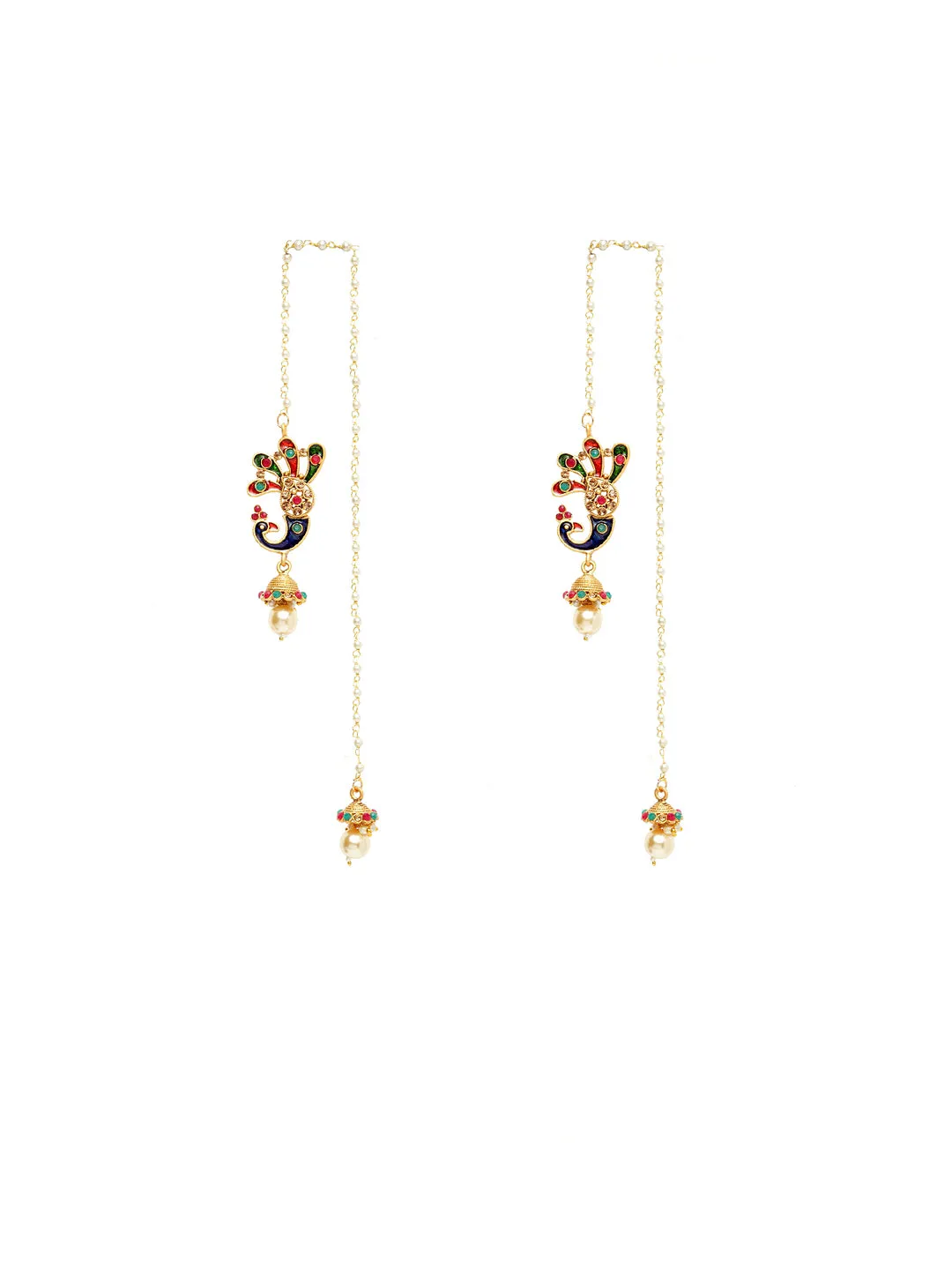 Gold-Plated & Off-White Meenakari Peacock Shaped Drop Earrings