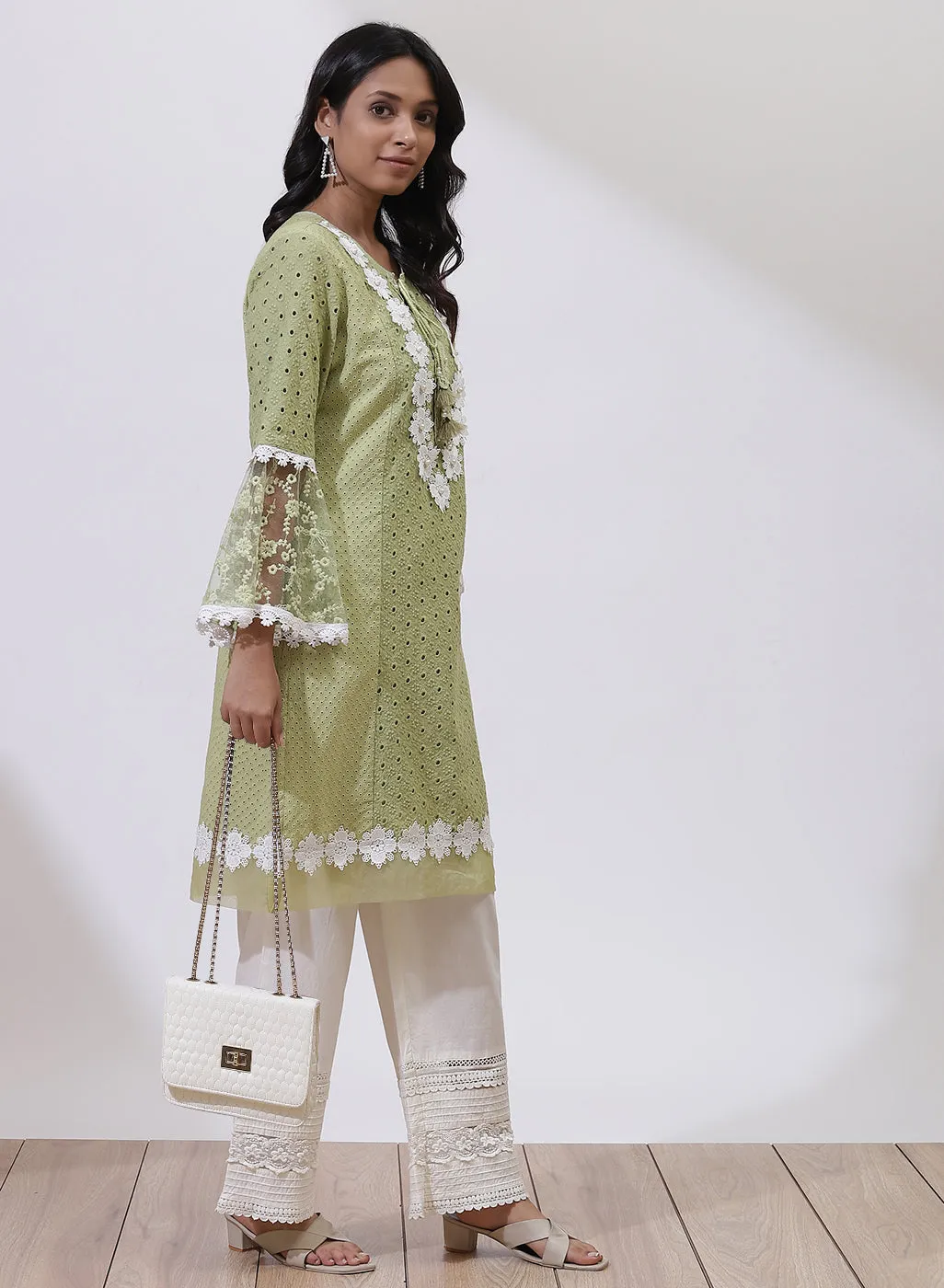 Grass Green Phool Collection Schiffli Kurta