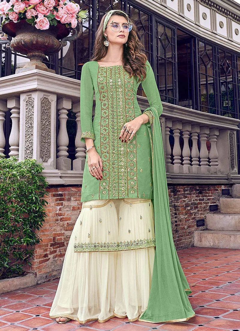 Green And Beige Layer Embroidered Gharara Suit Set