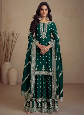 Green Embroidery Designer Sharara Suit