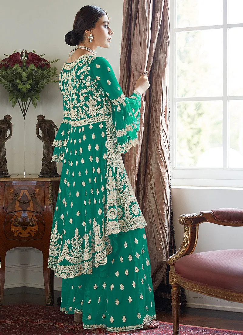 Green Multi Embroidered Designer Sharara Suit