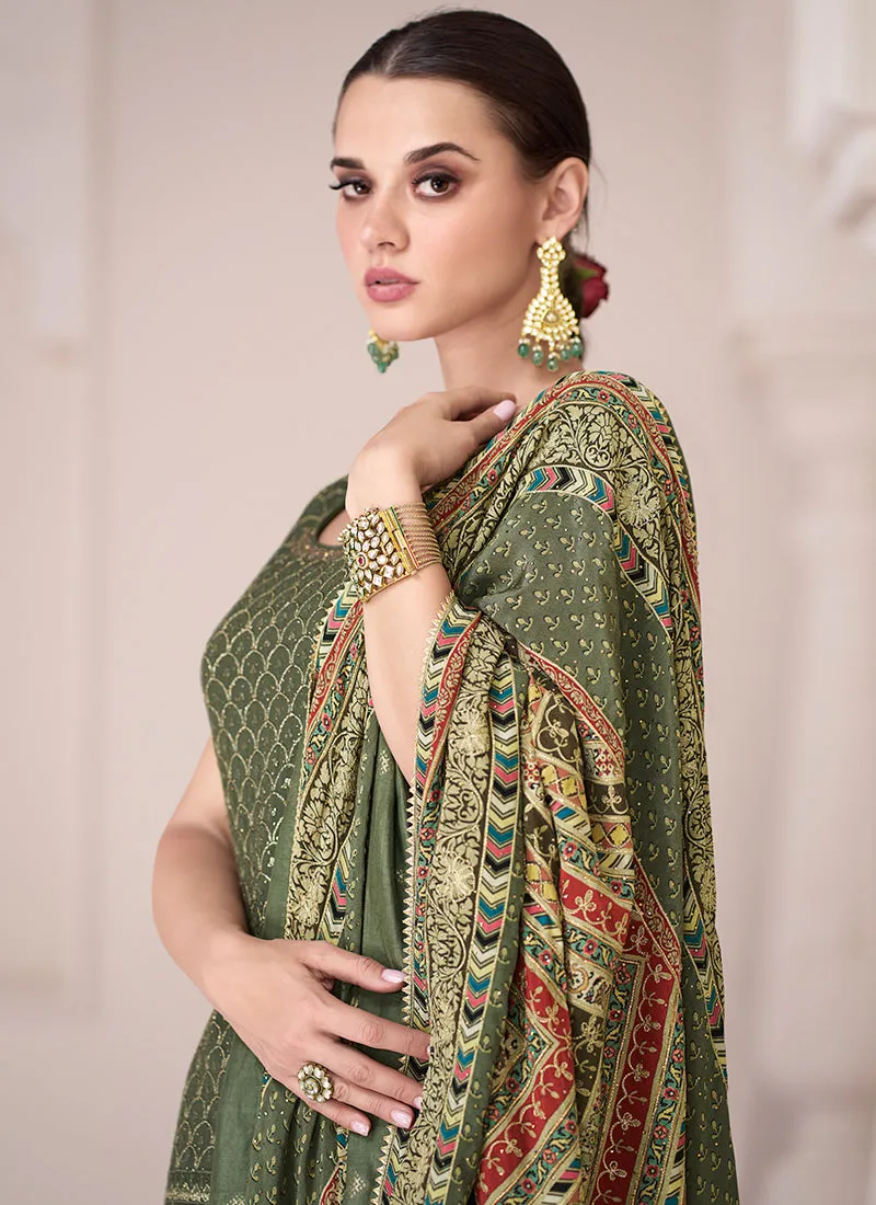 Green Sequence Embroidery Designer Sharara Suit