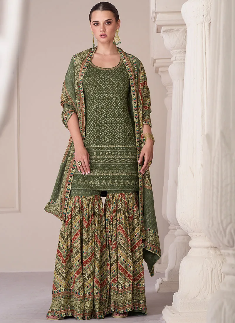 Green Sequence Embroidery Designer Sharara Suit