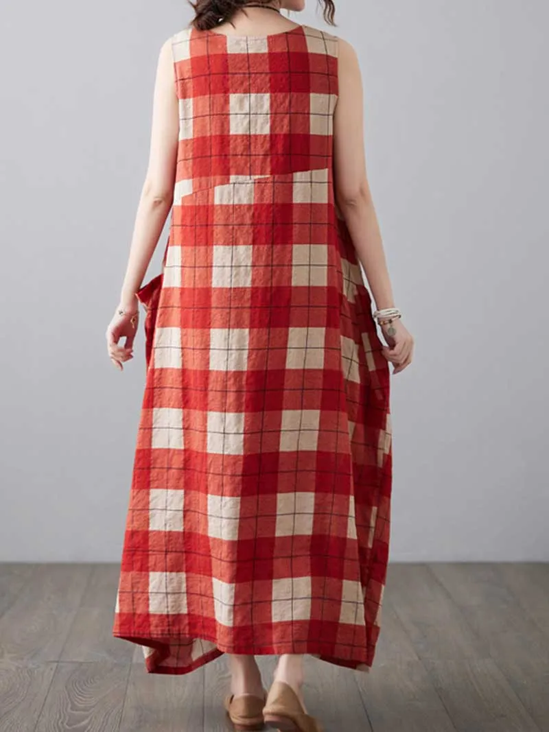 H-line Loose Retro Style Plaid Print Cotton Dress