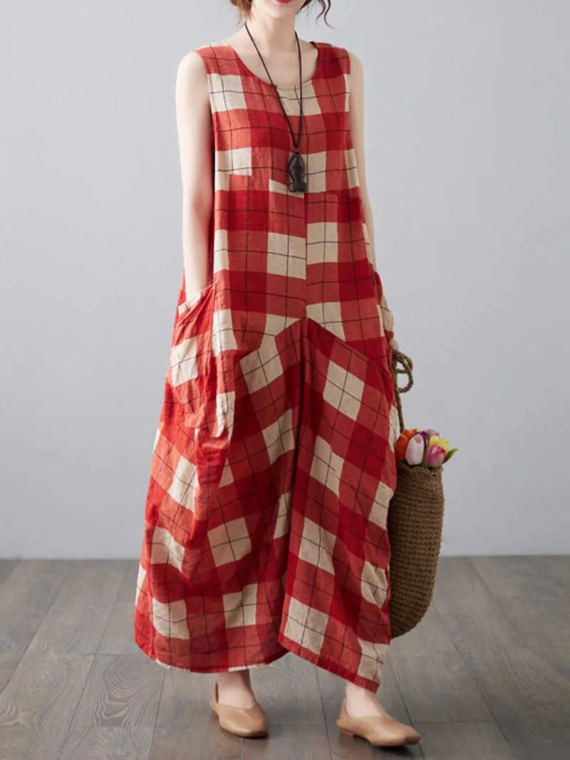 H-line Loose Retro Style Plaid Print Cotton Dress