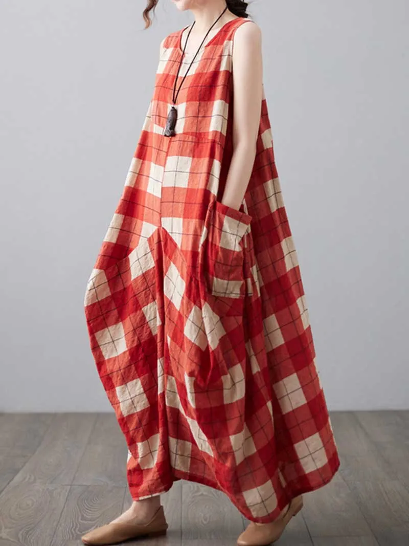 H-line Loose Retro Style Plaid Print Cotton Dress