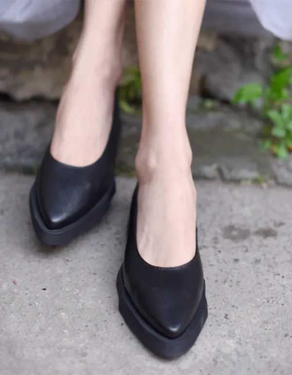 Handmade Retro Leather Flat Point Toe Pumps