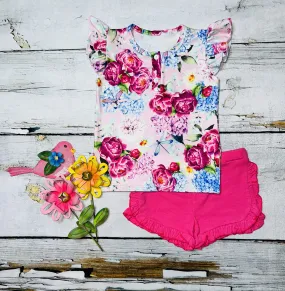 Hot pink floral short sleeve 2pc short & top set DLH1215-16