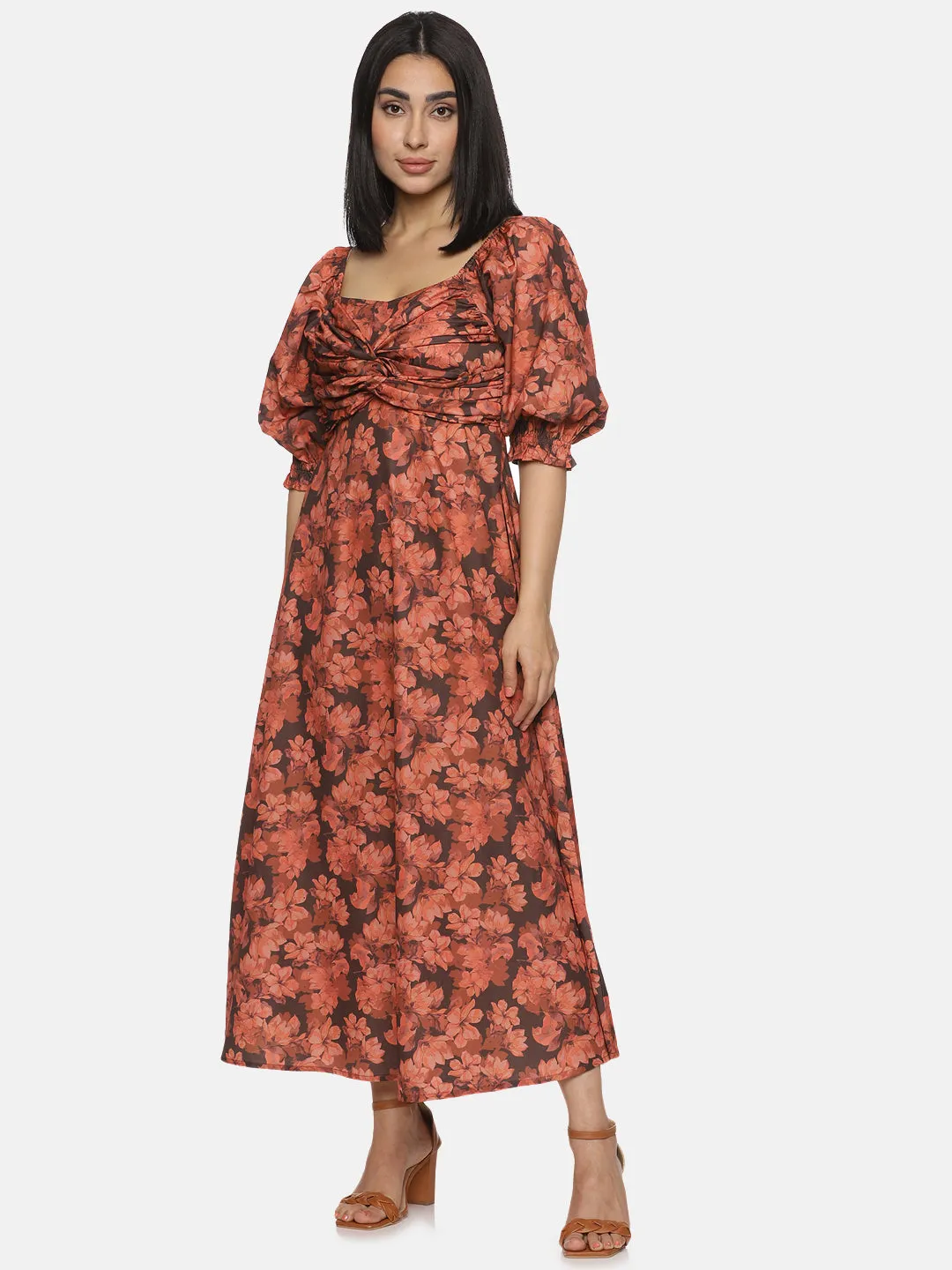 IS.U Floral Brown Front Twist Midaxi Dress