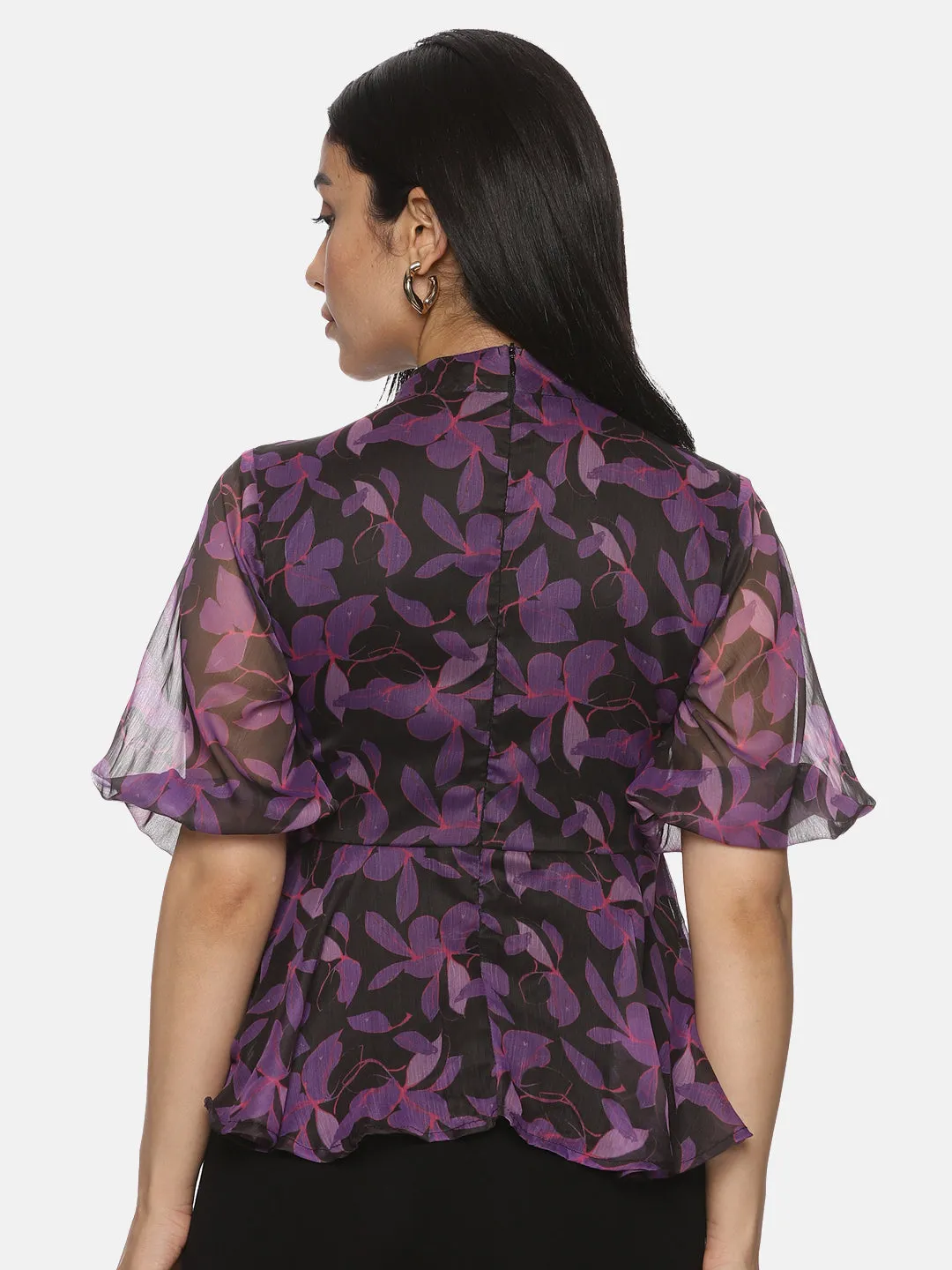 IS.U Floral Purple High Neck Peplum Top