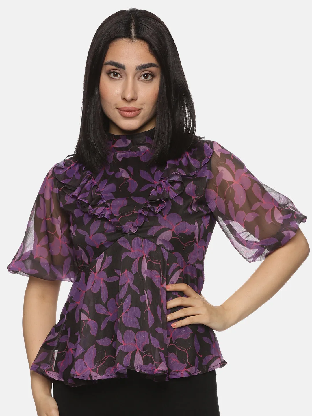 IS.U Floral Purple High Neck Peplum Top