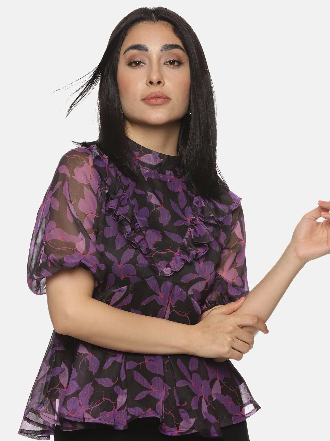 IS.U Floral Purple High Neck Peplum Top