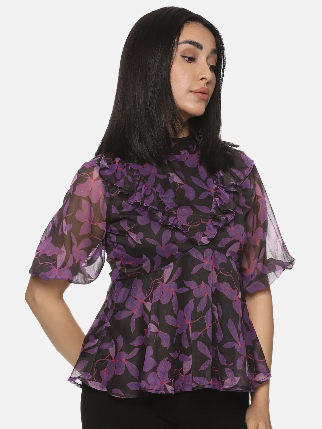 IS.U Floral Purple High Neck Peplum Top