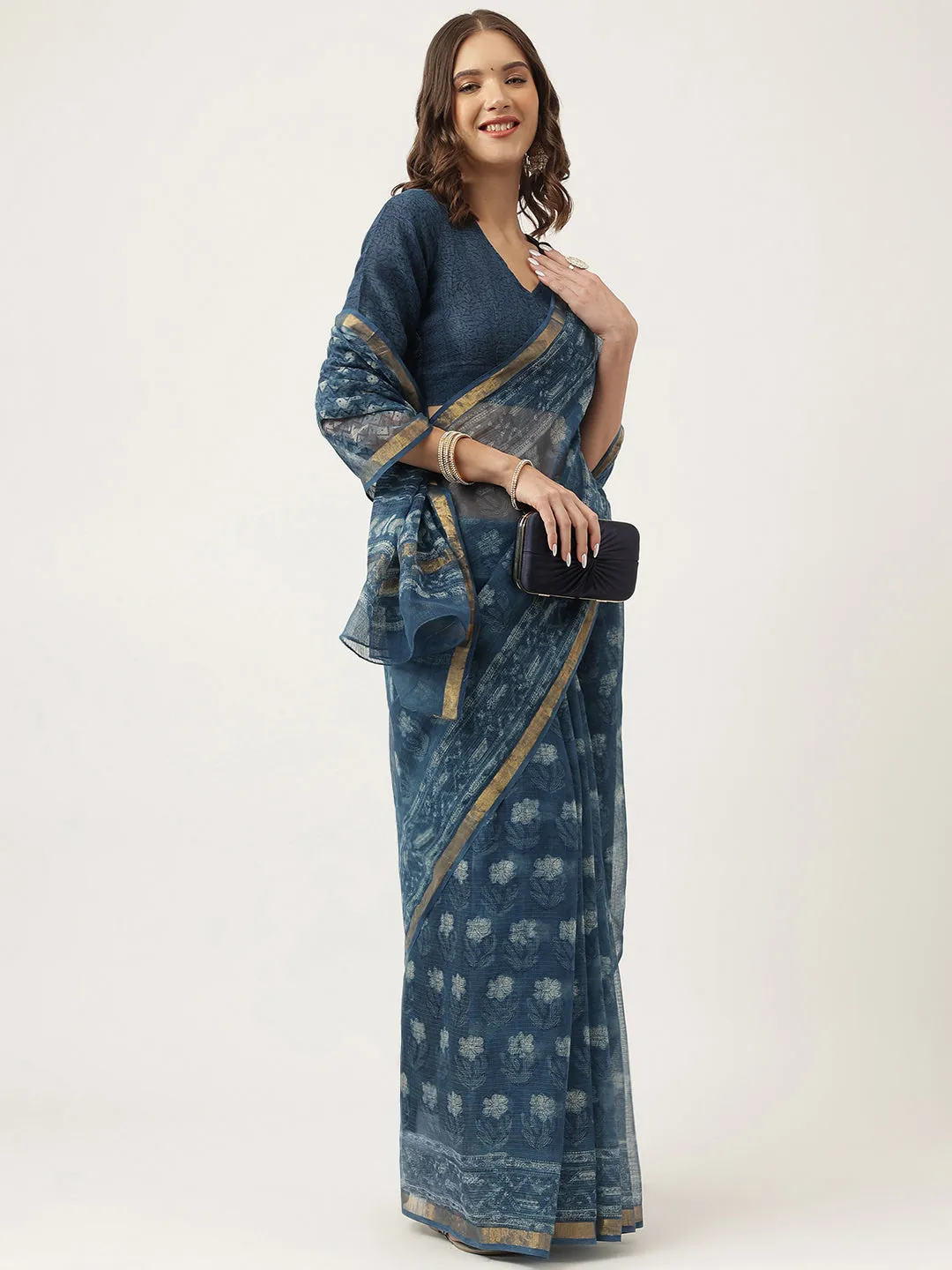 Jashvi Indigo Blue HandBlock Kota Doria Saree