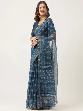 Jashvi Indigo Blue HandBlock Kota Doria Saree