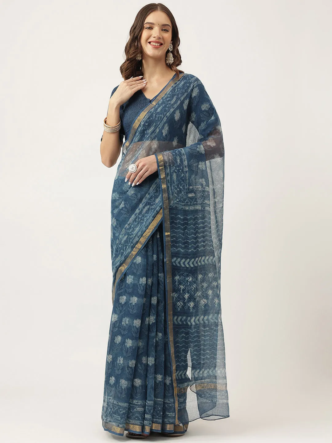 Jashvi Indigo Blue HandBlock Kota Doria Saree