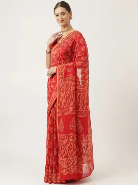 Jashvi Red HandBlock Chanderi Silk Saree