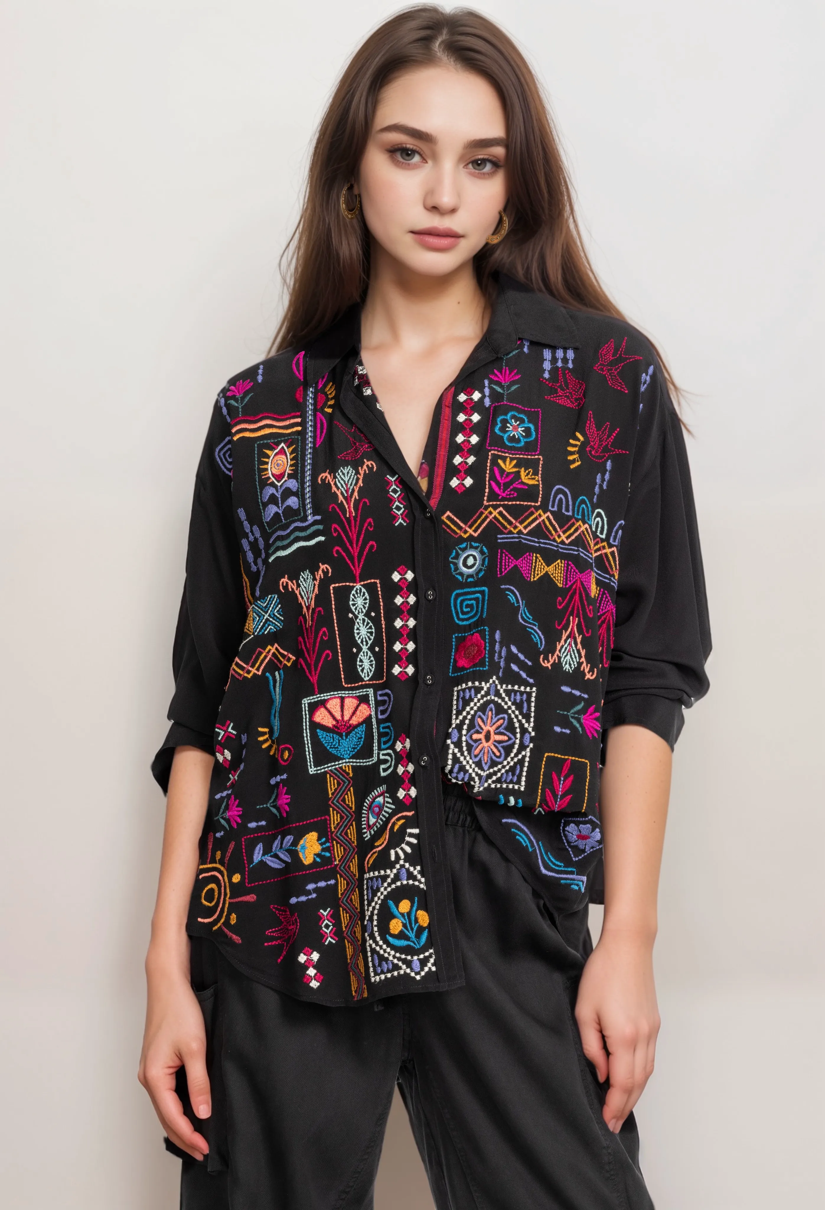 Johnny Was Workshop Campo Relaxed Black Oversized Shirt W14423