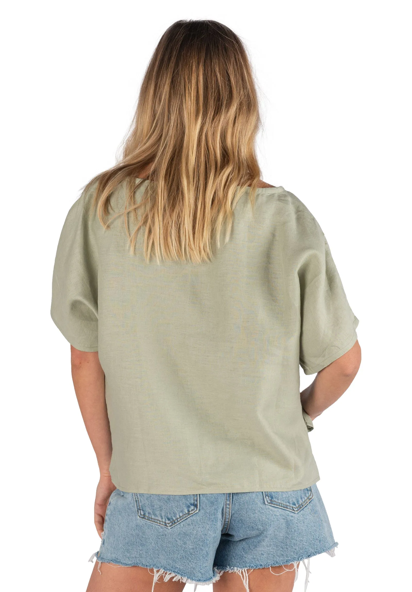 Kaori Sage Green Kimono Sleeve Linen Top