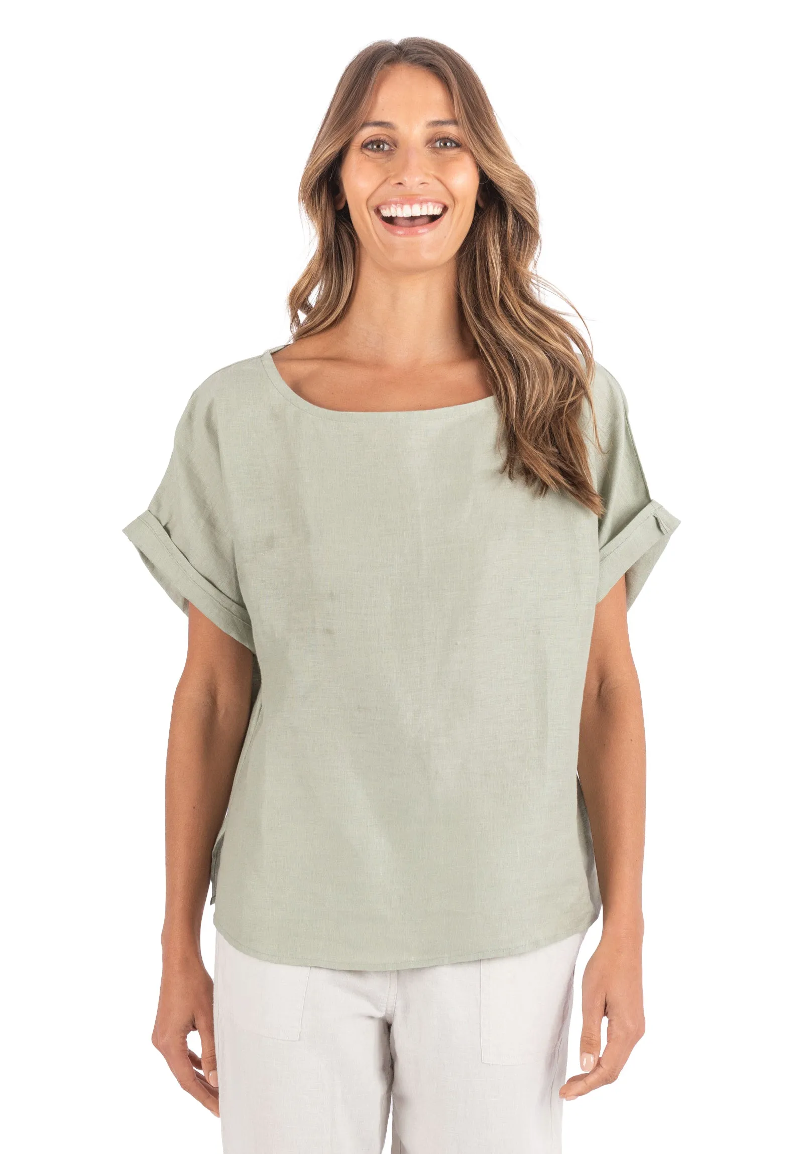 Kaori Sage Green Kimono Sleeve Linen Top