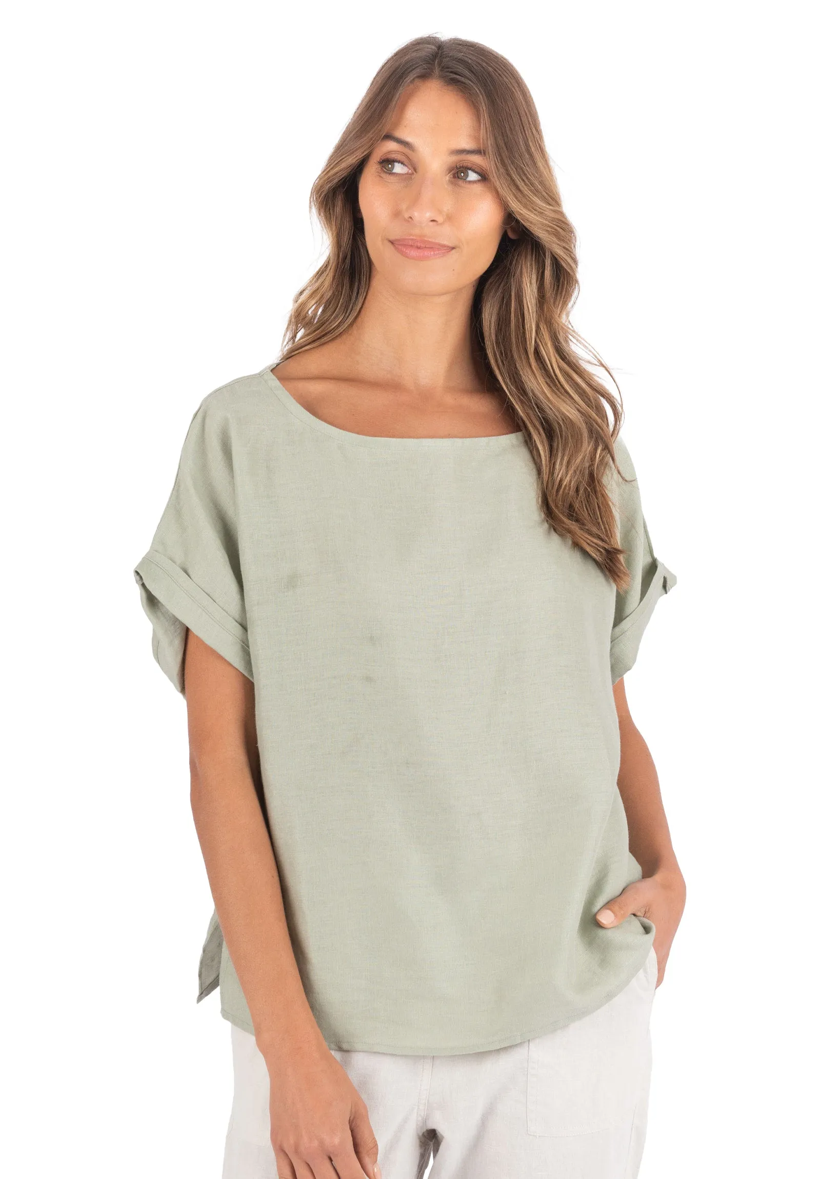 Kaori Sage Green Kimono Sleeve Linen Top