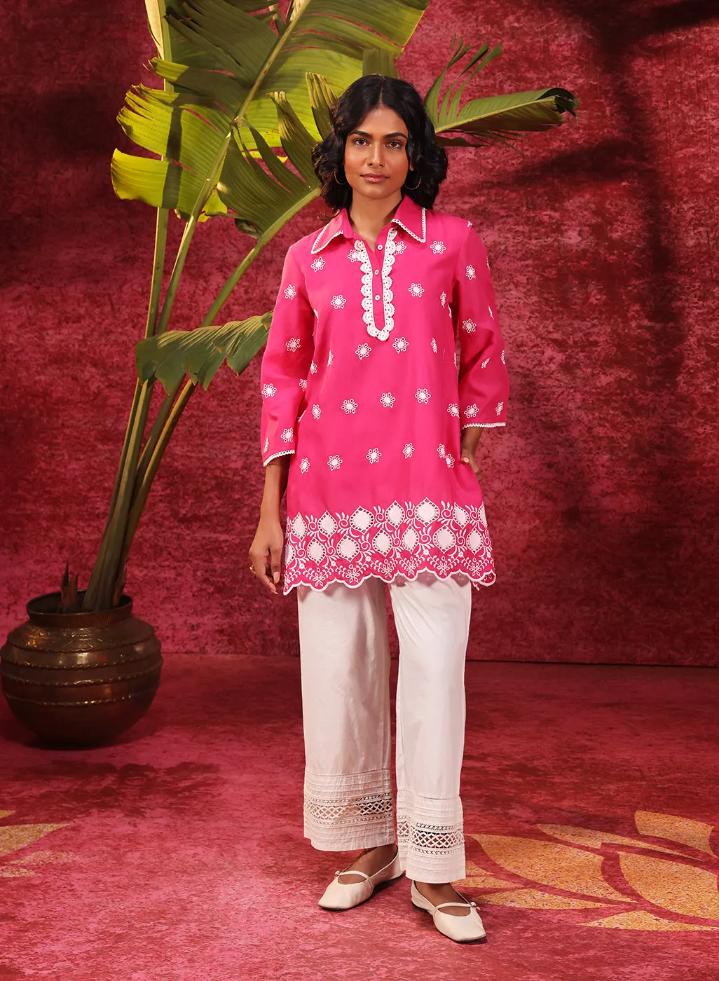 Kashni Fuchsia Embroidered Schiffli Top for
Women