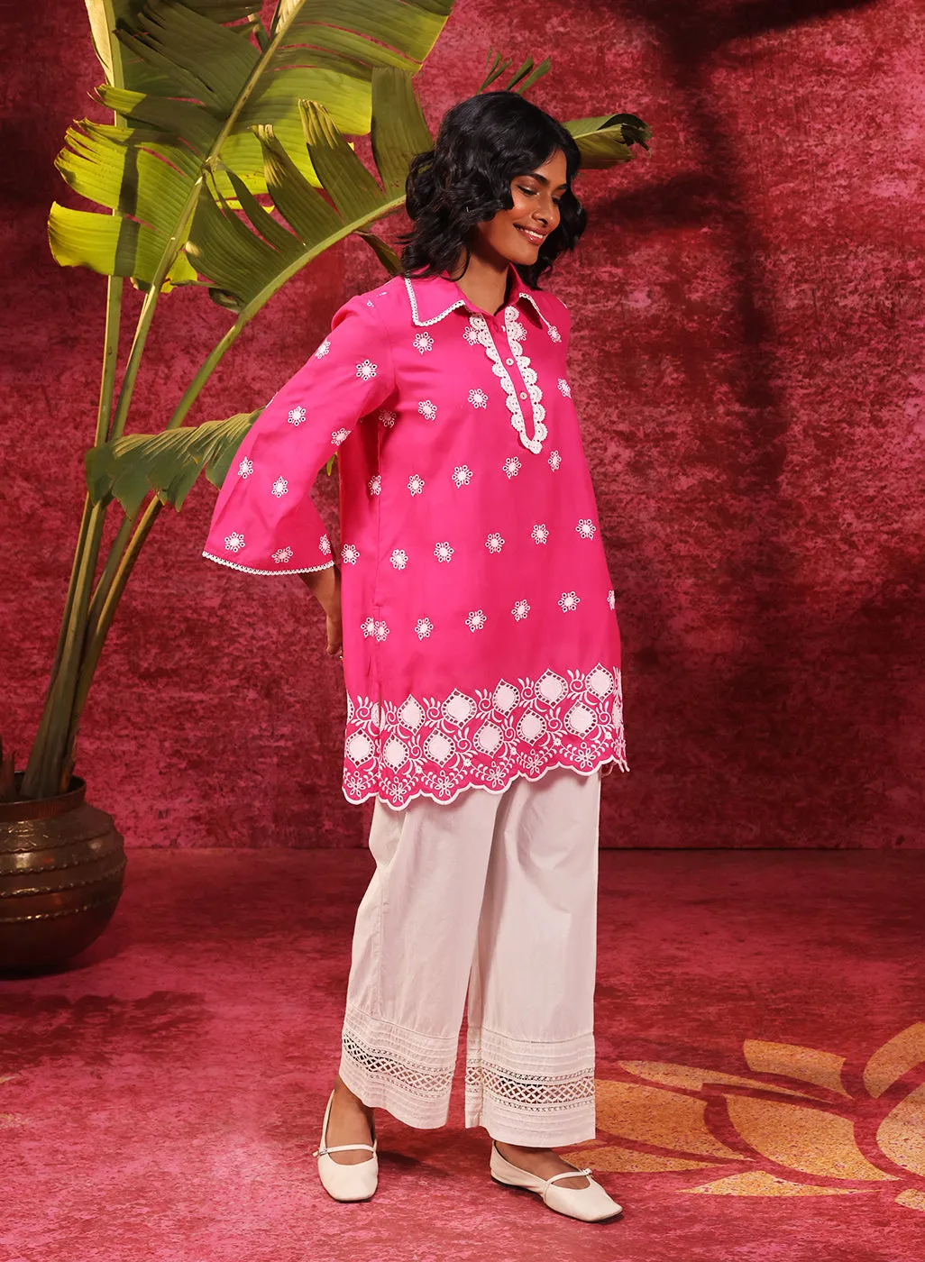 Kashni Fuchsia Embroidered Schiffli Top for
Women