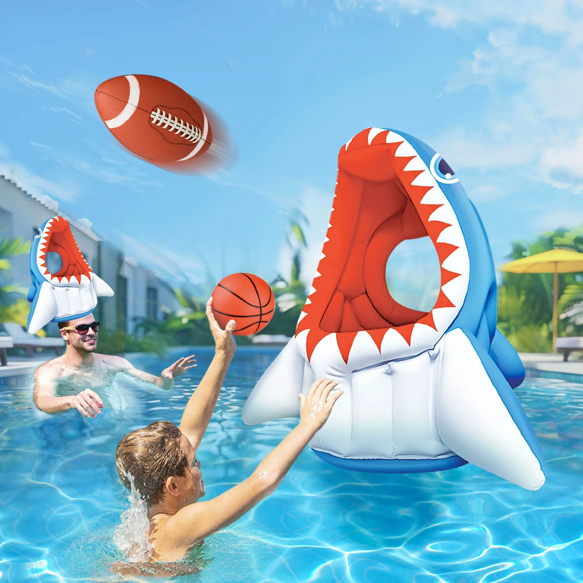 Kids Shark Pool Toys, inflatable Float Basketball Football Head Hoop Toss Water Game