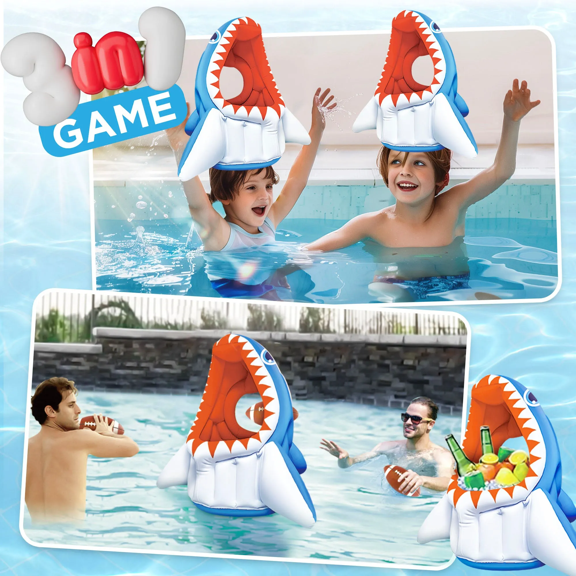 Kids Shark Pool Toys, inflatable Float Basketball Football Head Hoop Toss Water Game