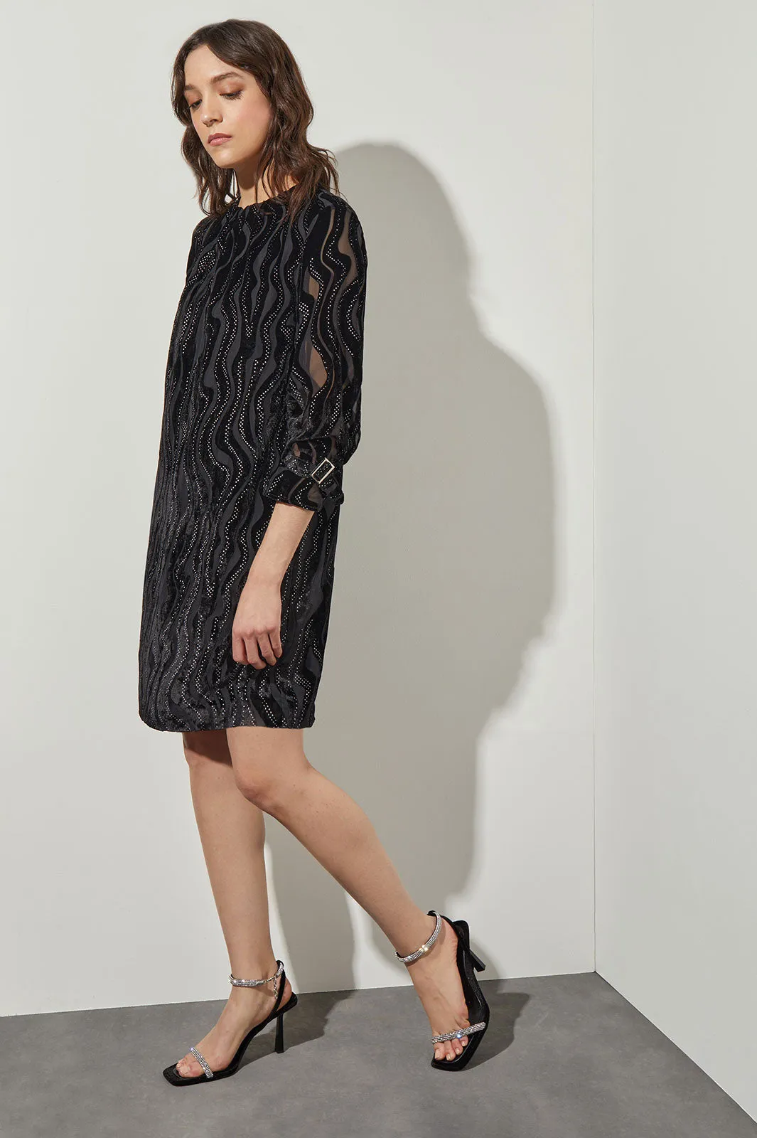 Knee Length Shift Dress - Long Sleeve Velvet Stripe