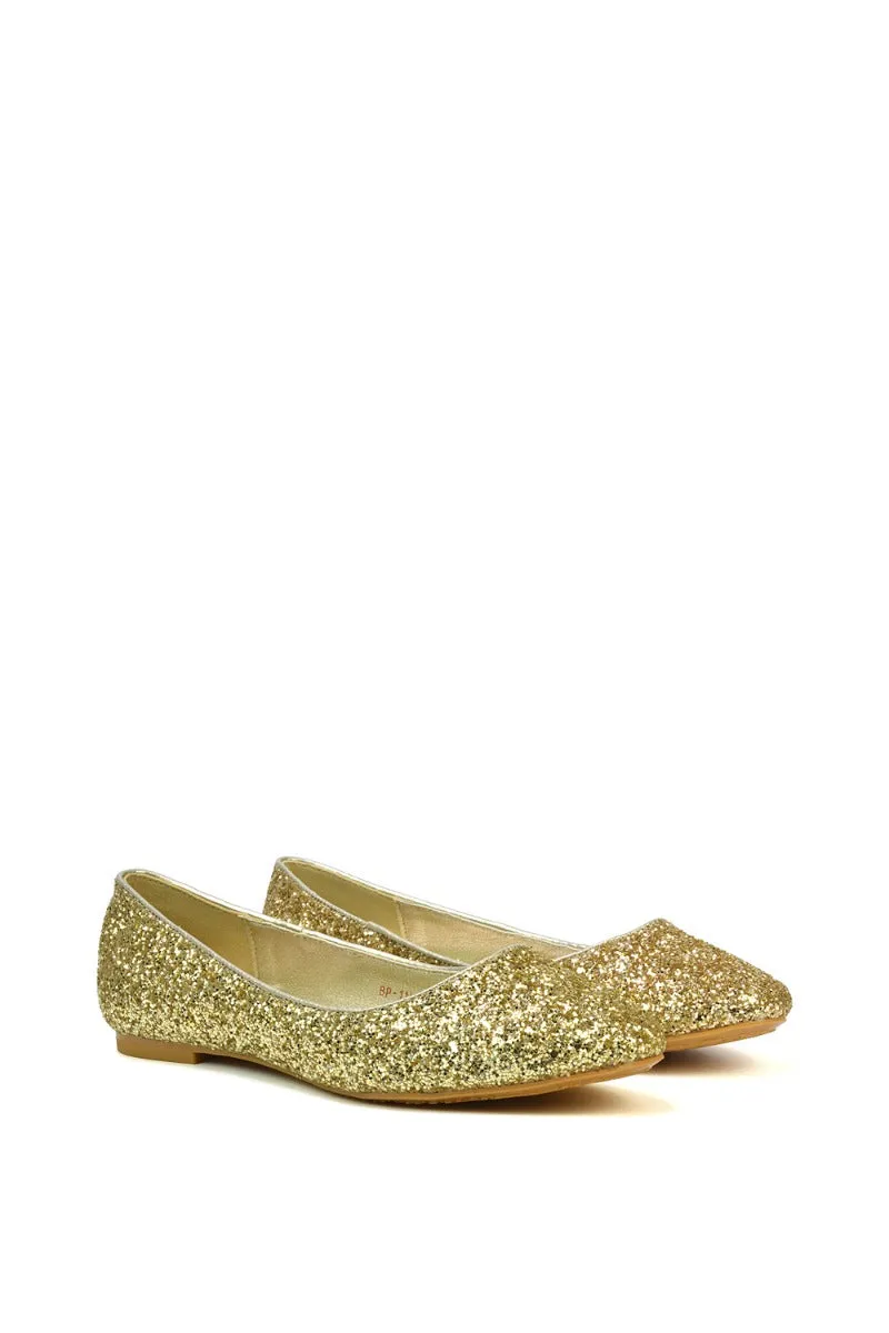 MALEFICENT FLAT BLOCK HIGH HEELED SLIP ON BALLERINA PUMP SHOES IN GOLD GLITTER