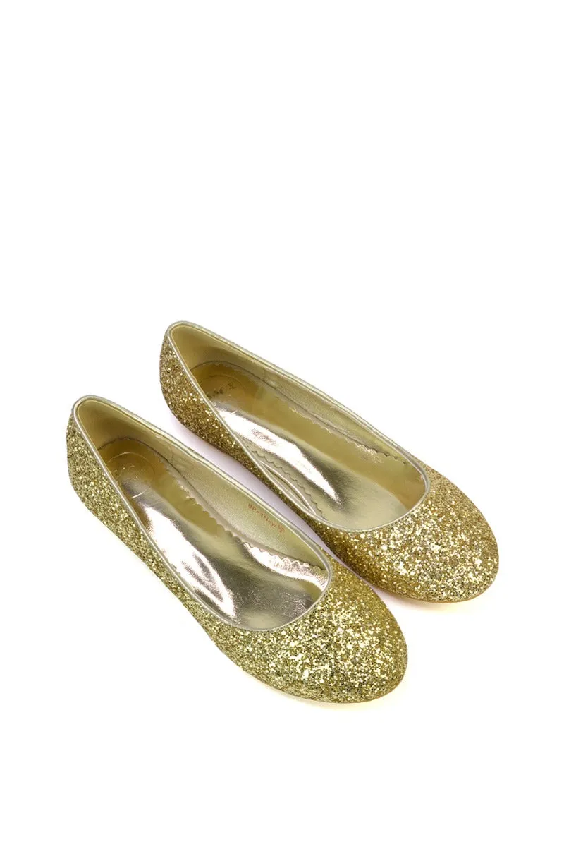 MALEFICENT FLAT BLOCK HIGH HEELED SLIP ON BALLERINA PUMP SHOES IN GOLD GLITTER