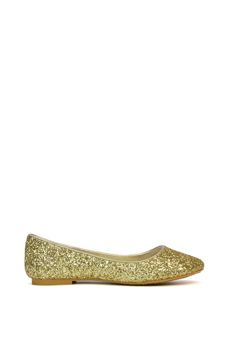 MALEFICENT FLAT BLOCK HIGH HEELED SLIP ON BALLERINA PUMP SHOES IN GOLD GLITTER