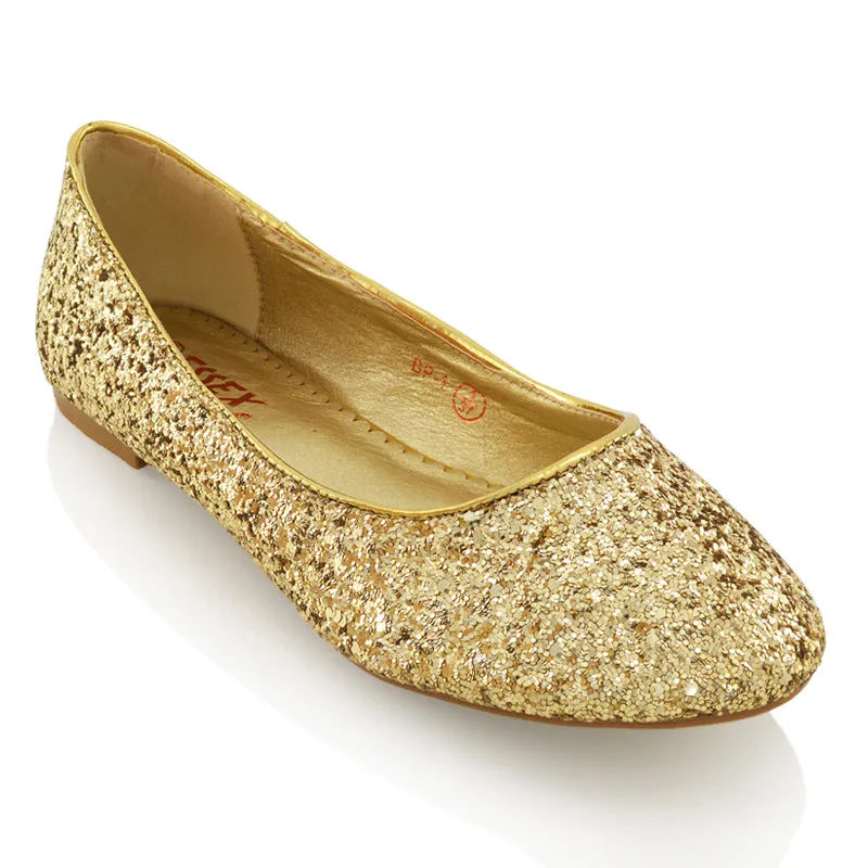 MALEFICENT FLAT BLOCK HIGH HEELED SLIP ON BALLERINA PUMP SHOES IN GOLD GLITTER