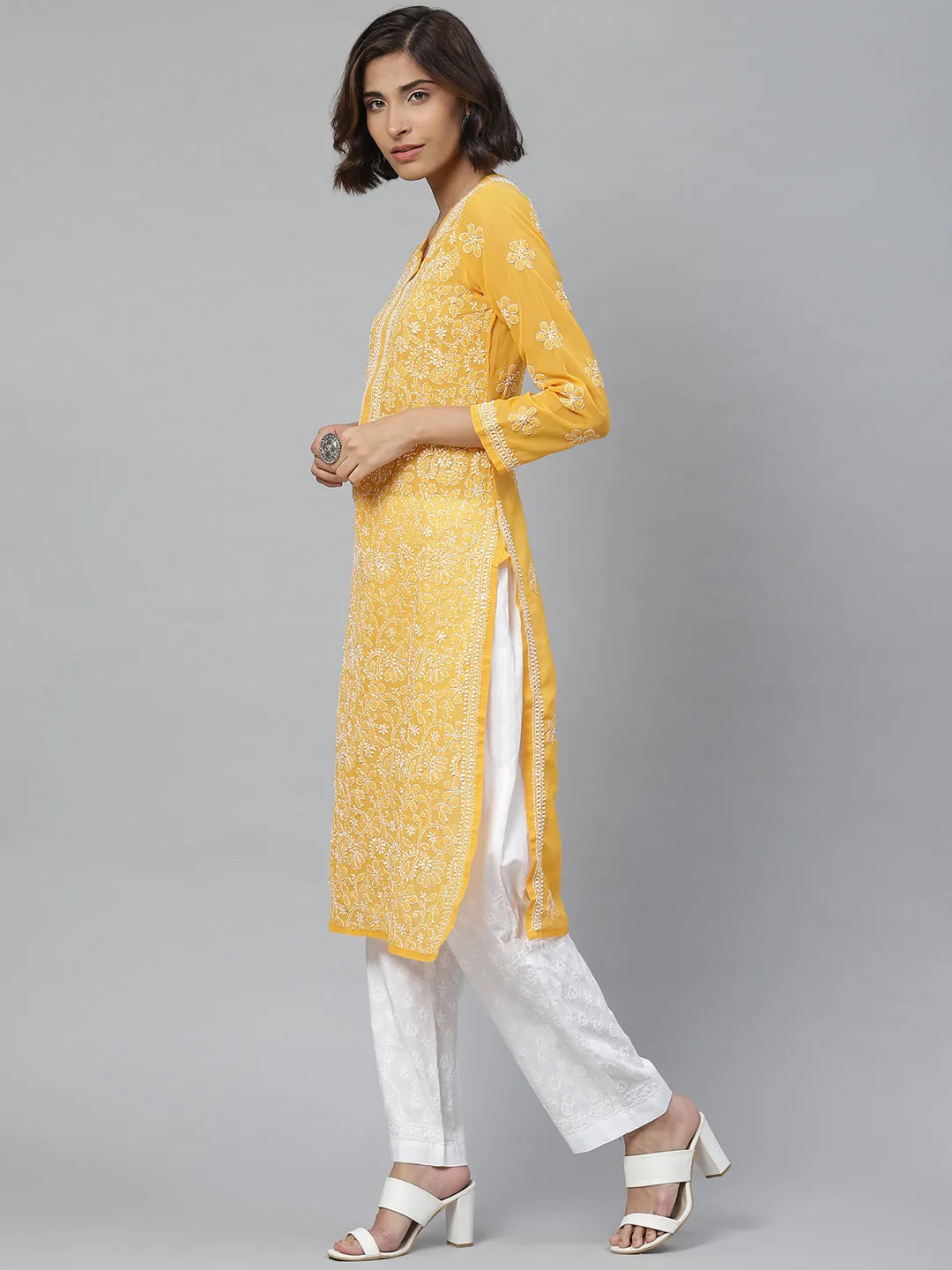 Mustard & White Chikankari Kurta with Palazzos