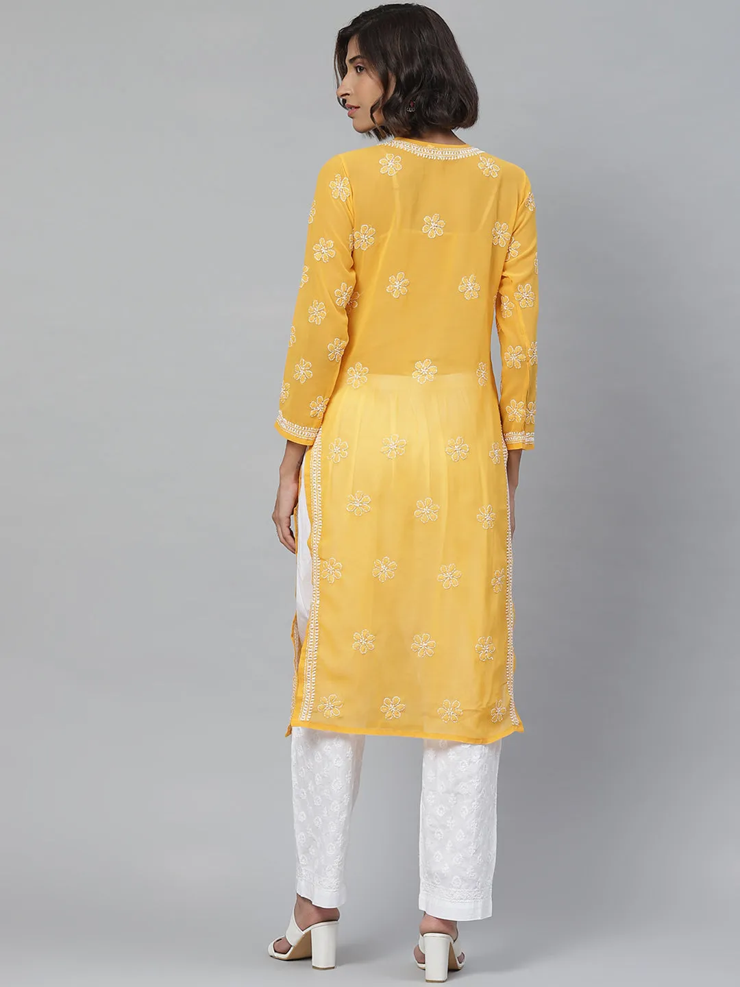 Mustard & White Chikankari Kurta with Palazzos