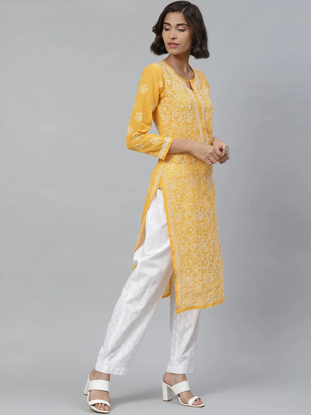 Mustard & White Chikankari Kurta with Palazzos