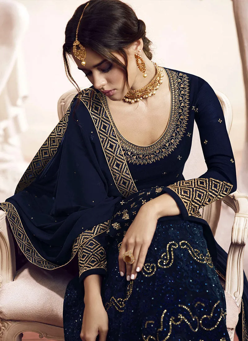 Navy Blue Golden Embroidered Gharara Suit