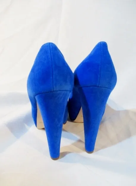 NEW BRIAN ATWOOD Suede High Heel Pump Shoe BLUE 36.5 / 6 Womens Peep Toe LEATHER