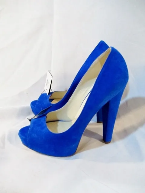 NEW BRIAN ATWOOD Suede High Heel Pump Shoe BLUE 36.5 / 6 Womens Peep Toe LEATHER